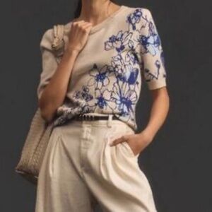 Floral Beige and Blue Women's Sweater